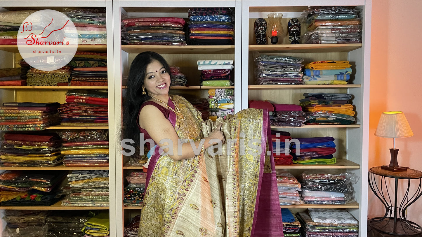 Beige and Magenta Jute/Ghicha Tussar Saree with Madhubani Prints