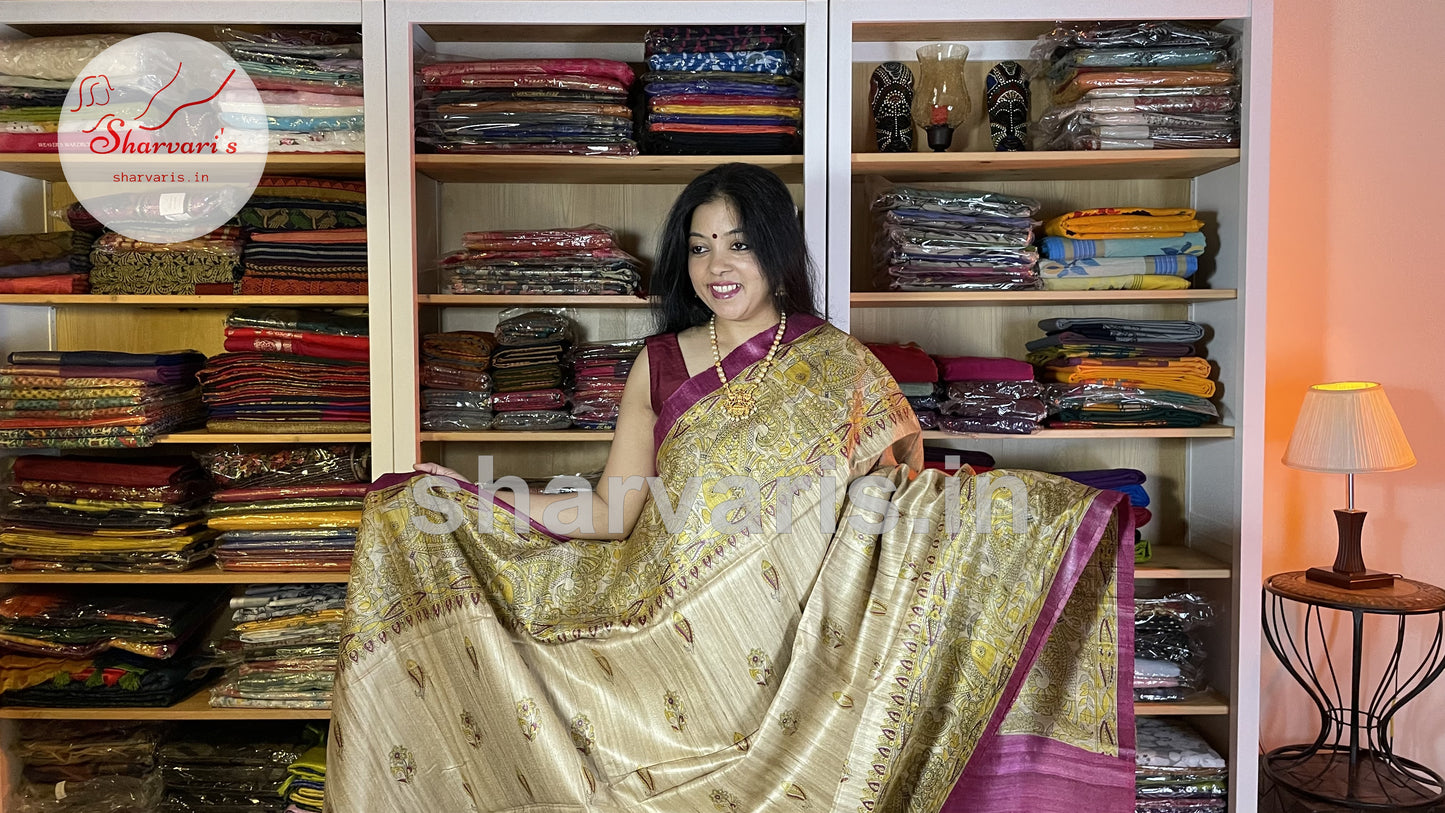 Beige and Magenta Jute/Ghicha Tussar Saree with Madhubani Prints