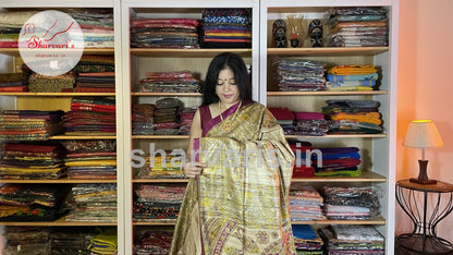 Beige and Magenta Jute/Ghicha Tussar Saree with Madhubani Prints