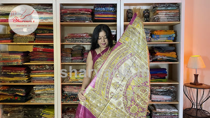 Beige and Magenta Jute/Ghicha Tussar Saree with Madhubani Prints