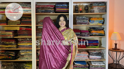 Beige and Magenta Jute/Ghicha Tussar Saree with Madhubani Prints