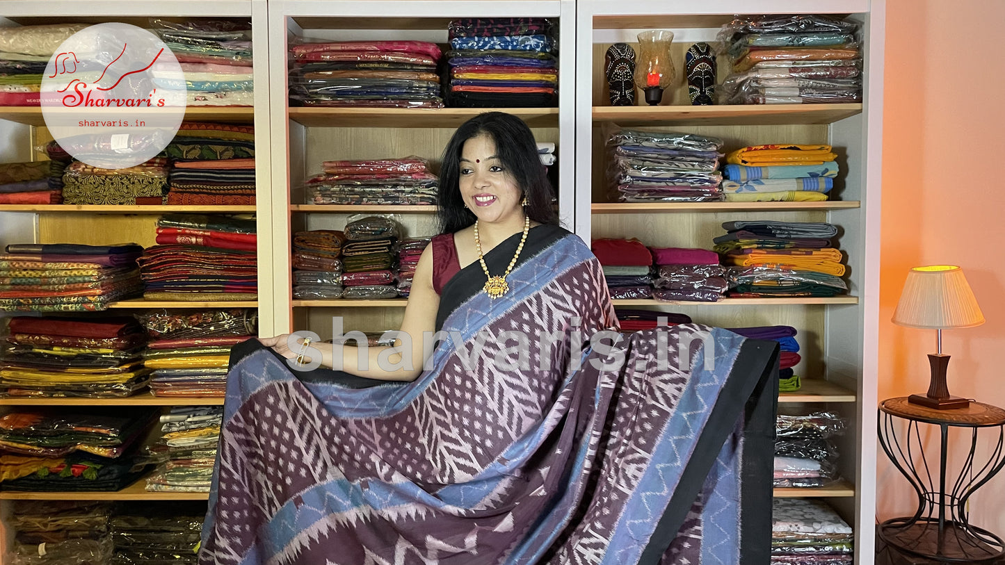 Coffee Brown and Yale Blue Pochampally Mercerised Cotton Saree with Trendy Patterns