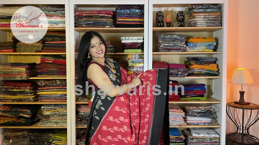 Red and Black Pochampally Mercerised Cotton Saree with Trendy Patterns