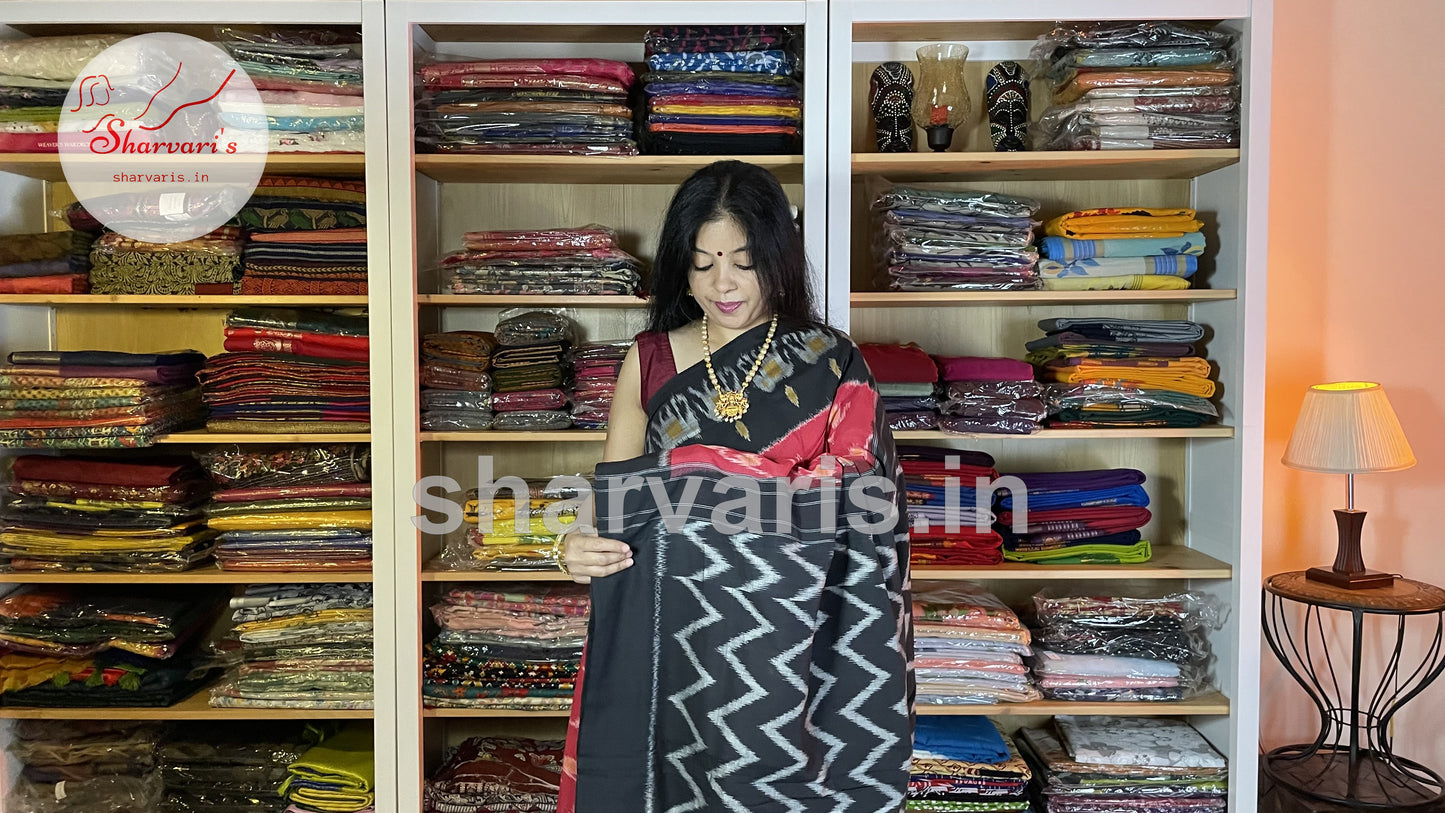 Red and Black Pochampally Mercerised Cotton Saree with Trendy Patterns