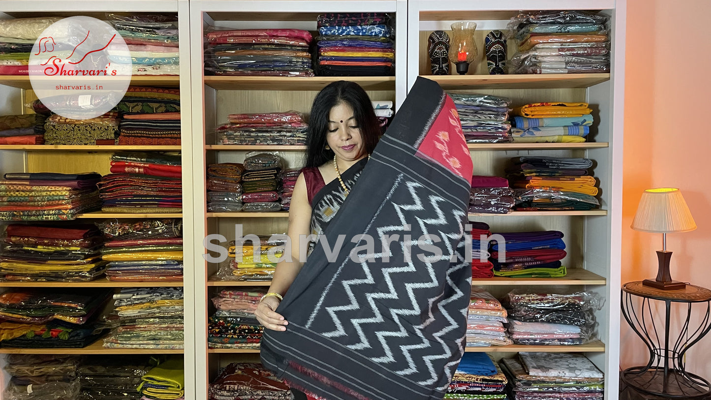 Red and Black Pochampally Mercerised Cotton Saree with Trendy Patterns