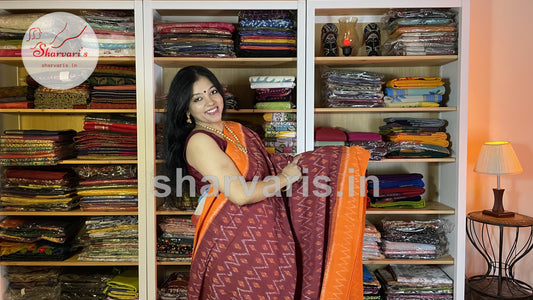 Maroon and Orange Pochampally Mercerised Cotton Saree with Trendy Patterns