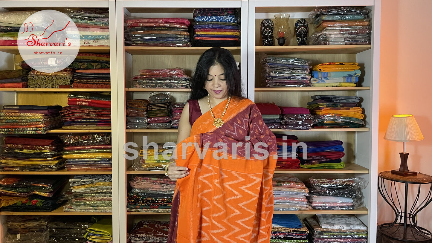 Maroon and Orange Pochampally Mercerised Cotton Saree with Trendy Patterns