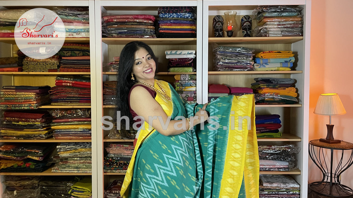 Teal and Yellow Pochampally Mercerised Cotton Saree 