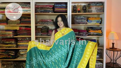 Teal and Yellow Pochampally  Mercerised Cotton Saree 