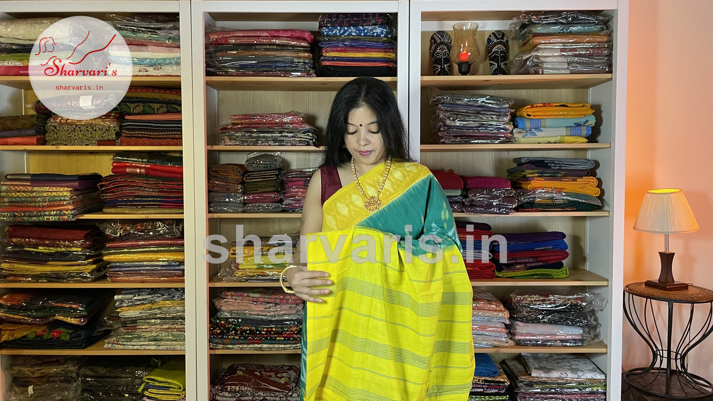 Teal Green and Yellow Pochampally Mercerised Cotton Saree with Trendy Patterns