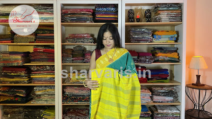 Teal Green and Yellow Pochampally Mercerised Cotton Saree with Trendy Patterns