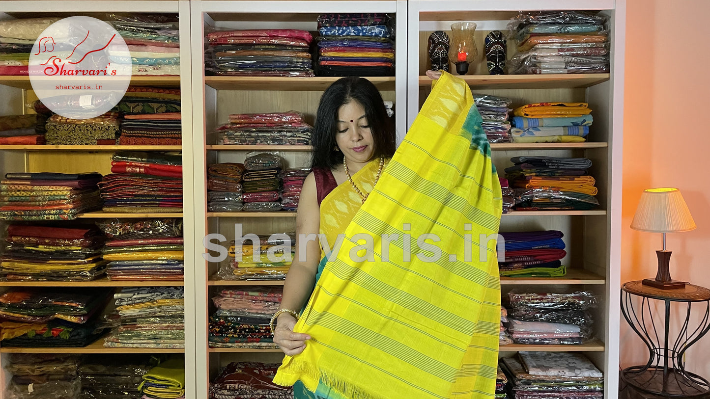 Teal Green and Yellow Pochampally Mercerised Cotton Saree with Trendy Patterns