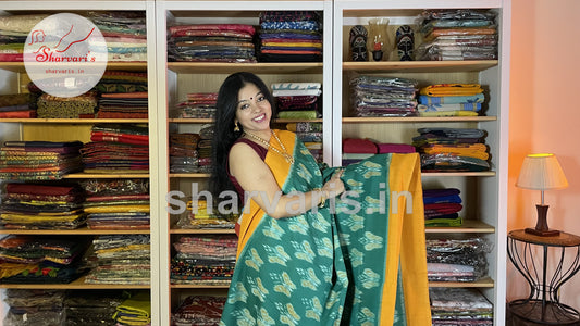 Teal Green and Turmeric Yellow Pochampally Mercerised Cotton Saree with Trendy Patterns