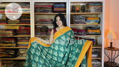 Teal Green and Turmeric Yellow Pochampally Mercerised Cotton Saree with Trendy Patterns