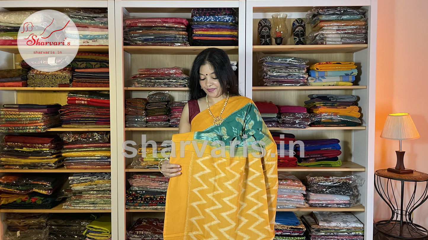 Teal Green and Turmeric Yellow Pochampally Mercerised Cotton Saree with Trendy Patterns