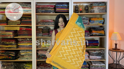 Teal Green and Turmeric Yellow Pochampally Mercerised Cotton Saree with Trendy Patterns