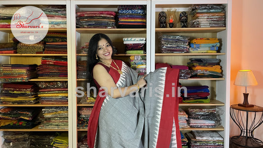 Grey and Red Pochampally Mercerised Cotton Saree with Temple Borders