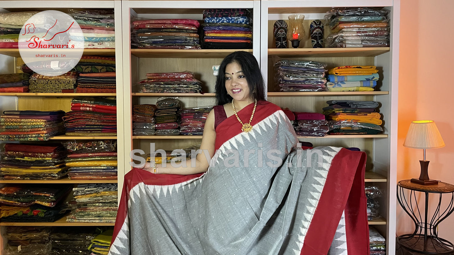 Grey and Red Pochampally Mercerised Cotton Saree with Temple Borders