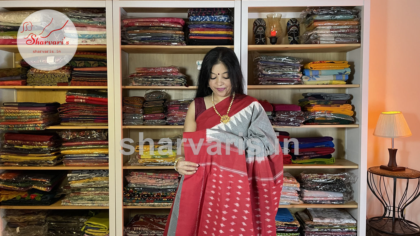 Grey and Red Pochampally Mercerised Cotton Saree with Temple Borders