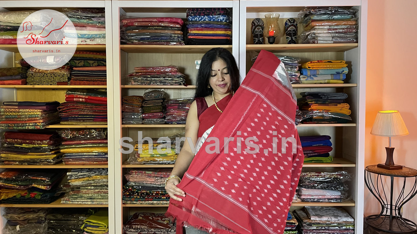 Grey and Red Pochampally Mercerised Cotton Saree with Temple Borders