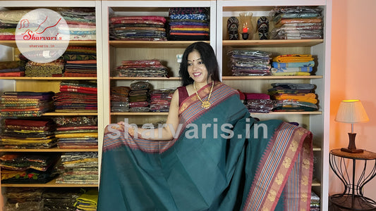 Dark Teal Green Kanchi Cotton Saree with Thread Work Borders