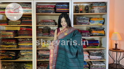 Dark Teal Green Kanchi Cotton Saree with Thread Work Borders