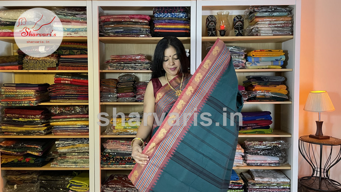 Dark Teal Green Kanchi Cotton Saree with Thread Work Borders