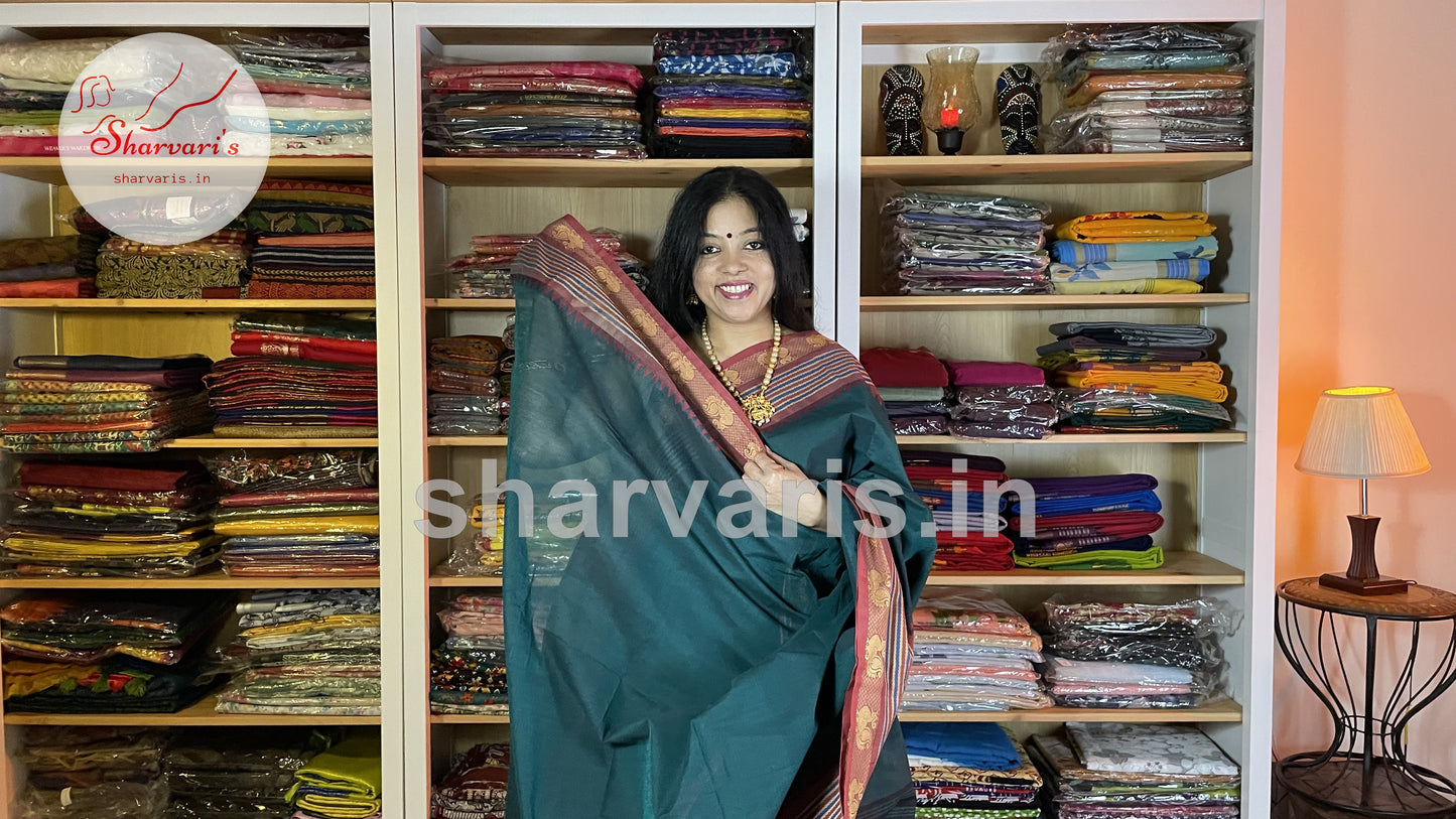 Dark Teal Green Kanchi Cotton Saree with Thread Work Borders