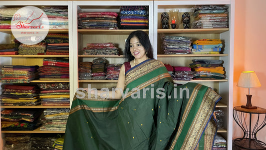 Bottle Green Pure Kanchi Cotton Saree with Thread Work Borders