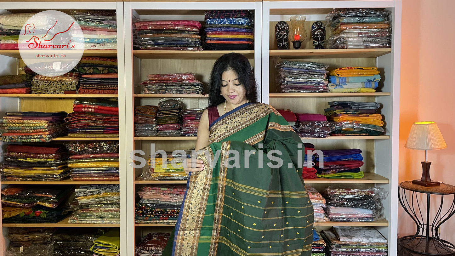 Bottle Green Pure Kanchi Cotton Saree with Thread Work Borders