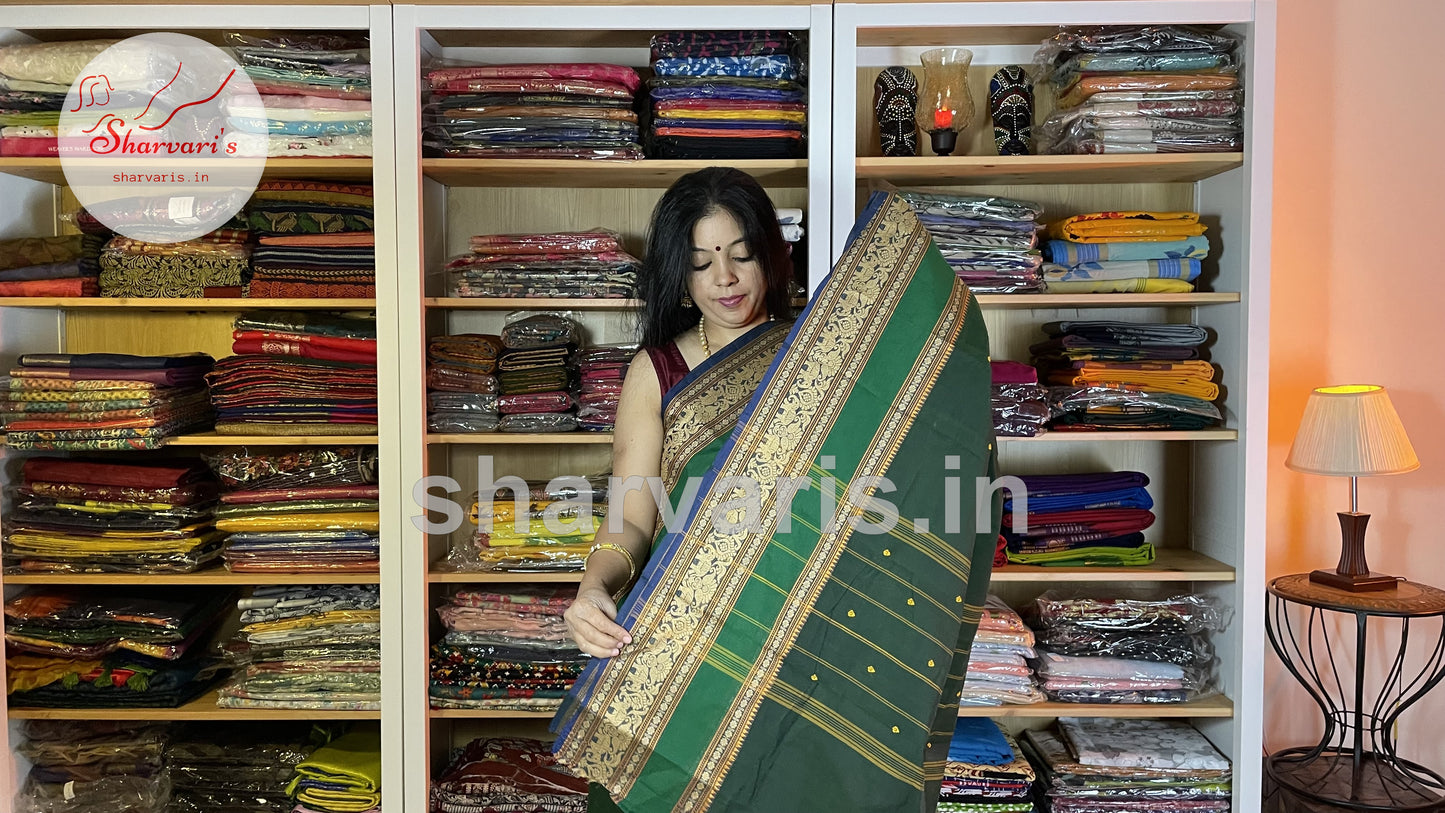 Bottle Green Pure Kanchi Cotton Saree with Thread Work Borders