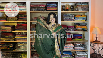 Bottle Green Pure Kanchi Cotton Saree with Thread Work Borders