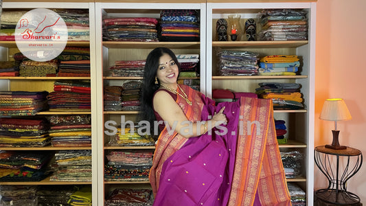 Magenta and Orange pure Kanchi Cotton Saree with Thread Work Borders