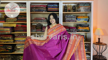 Magenta and Orange pure Kanchi Cotton Saree with Thread Work Borders