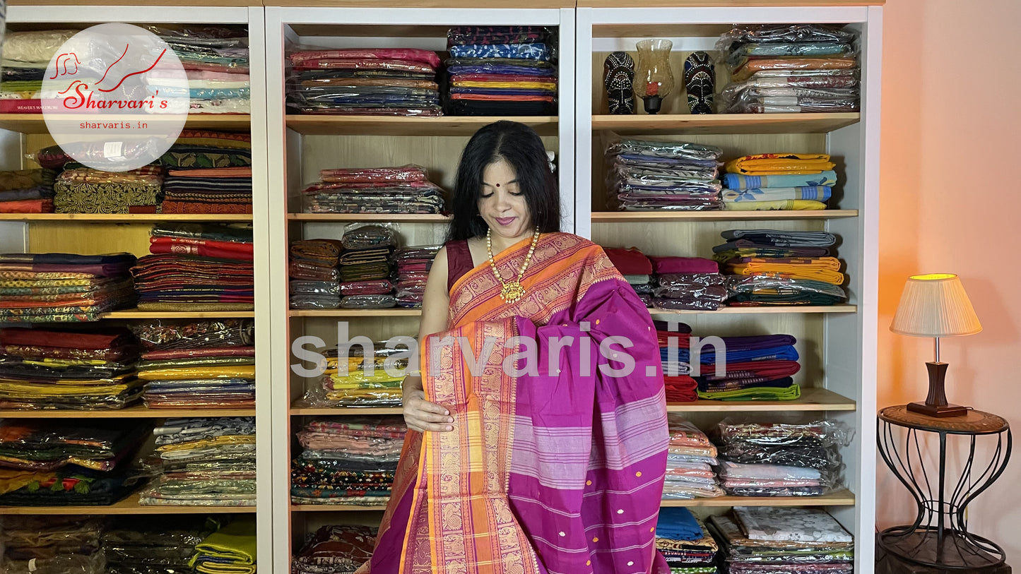 Magenta and Orange pure Kanchi Cotton Saree with Thread Work Borders