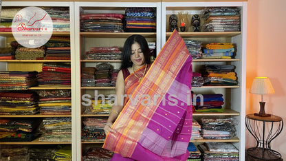 Magenta and Orange pure Kanchi Cotton Saree with Thread Work Borders