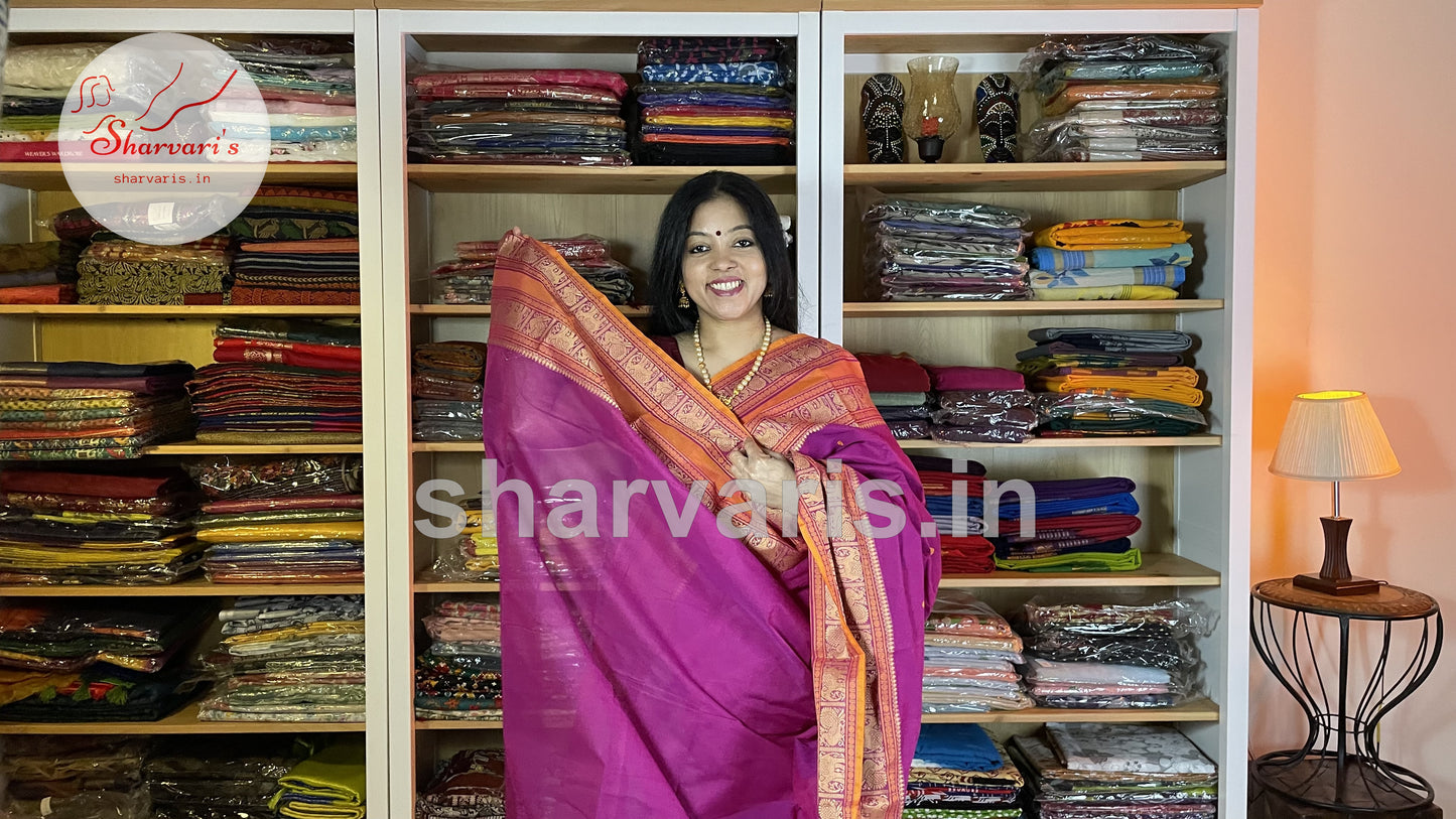 Magenta and Orange pure Kanchi Cotton Saree with Thread Work Borders