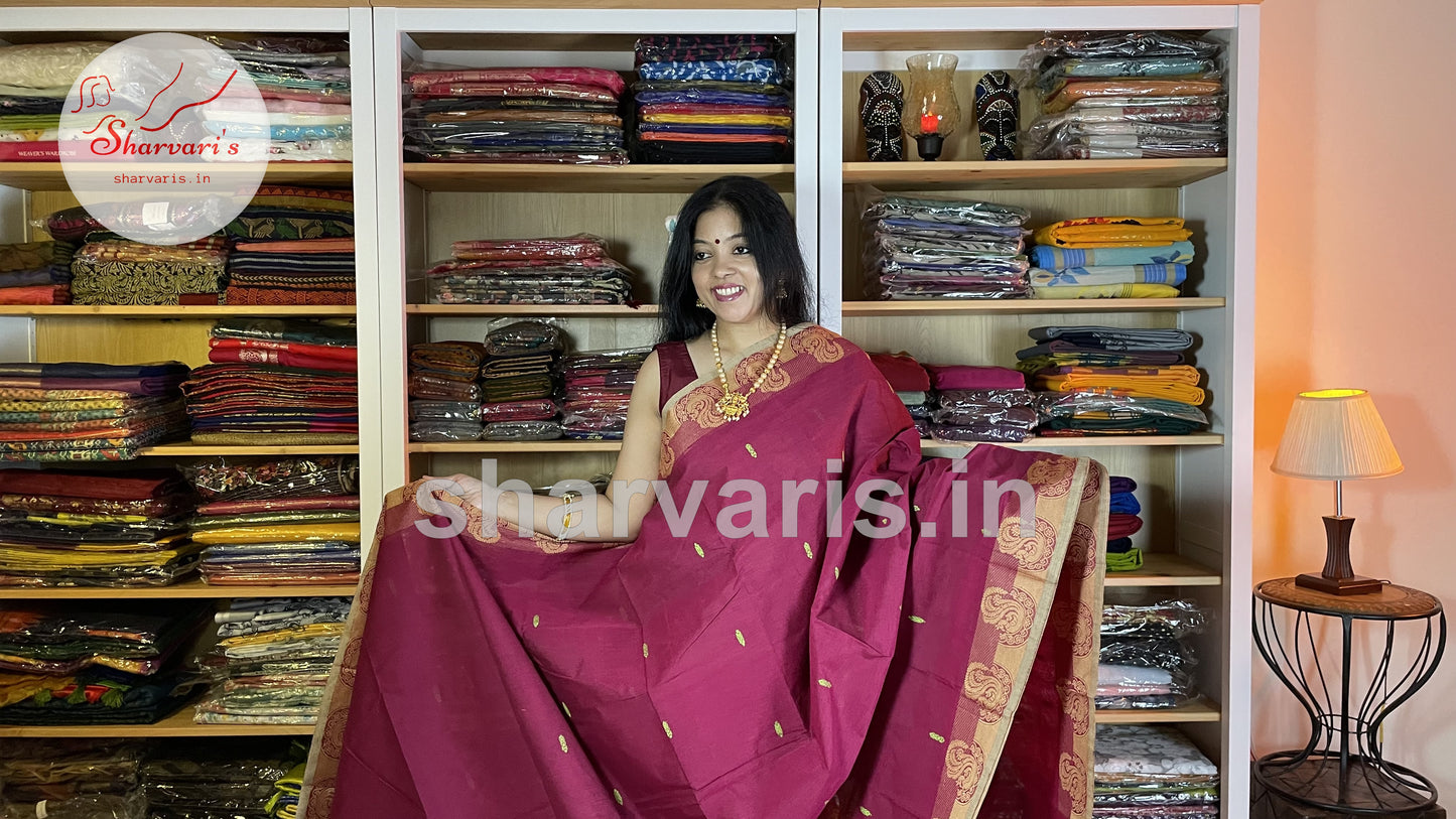 Dark Magenta Pure Kanchi Cotton Saree with Thread Work Borders