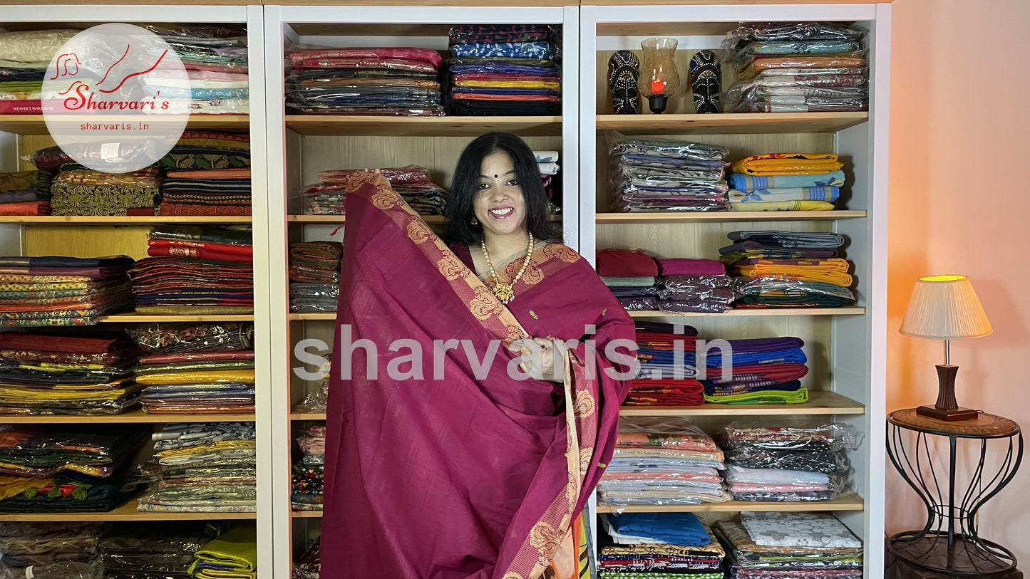 Dark Magenta Pure Kanchi Cotton Saree with Thread Work Borders