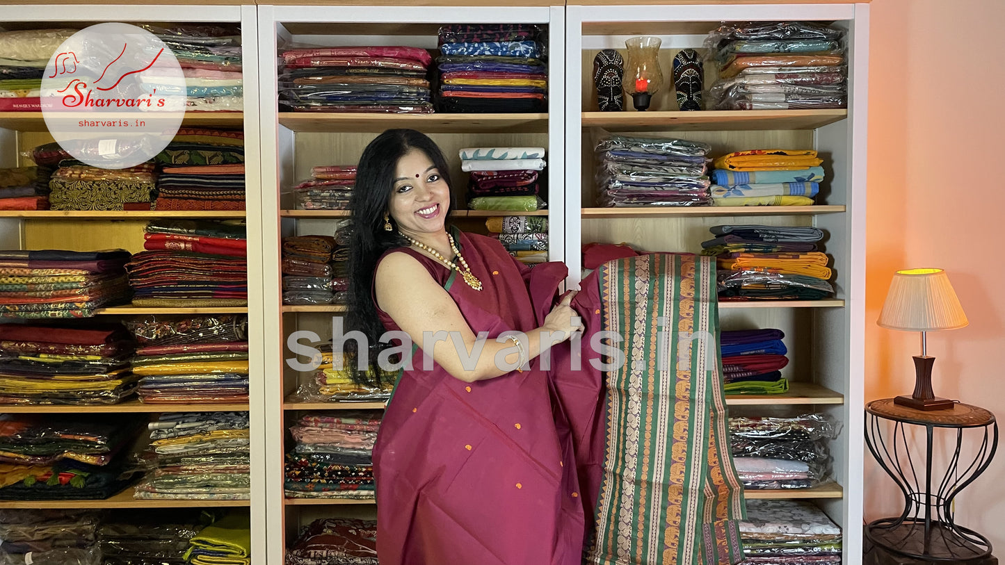 Light Maroon Kanchi Cotton Saree with Big Leaf Green Thread Work Border