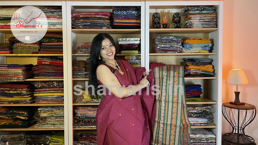 Light Maroon Kanchi Cotton Saree with Big Leaf Green Thread Work Border