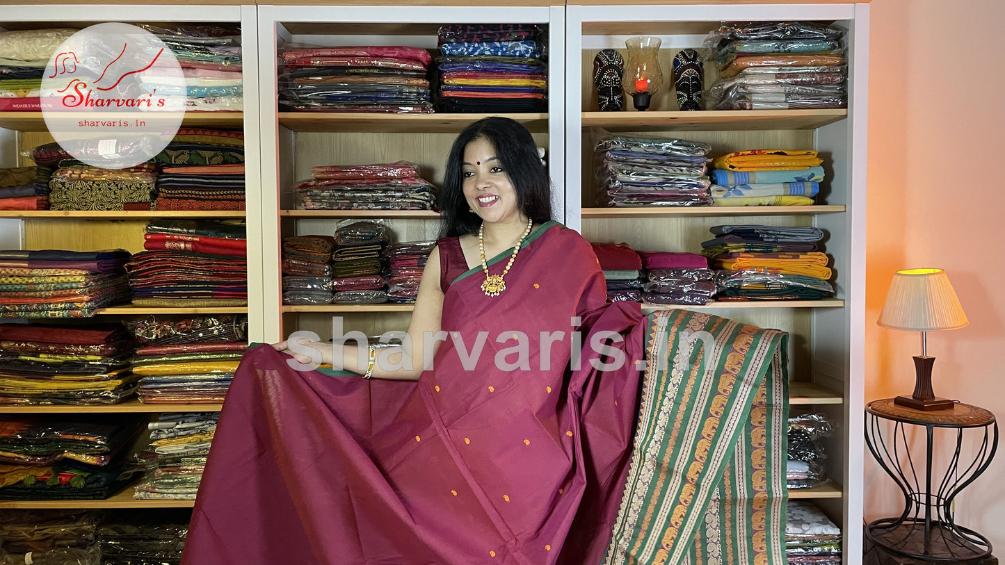 Light Maroon Kanchi Cotton Saree with Big Leaf Green Thread Work Border