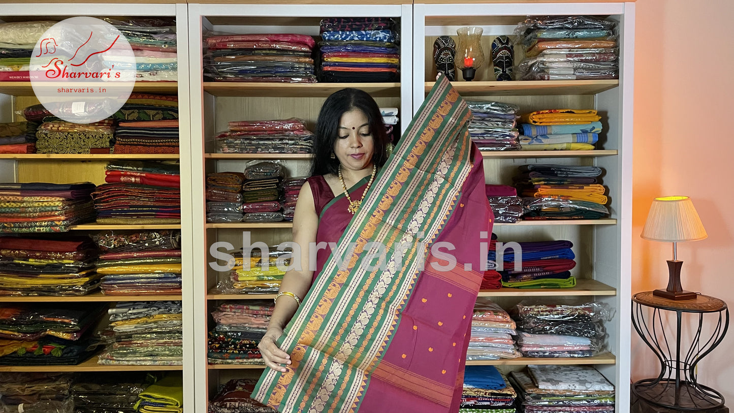 Light Maroon Kanchi Cotton Saree with Big Leaf Green Thread Work Border