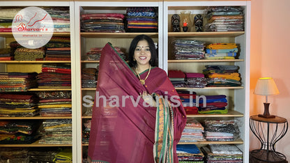 Light Maroon Kanchi Cotton Saree with Big Leaf Green Thread Work Border