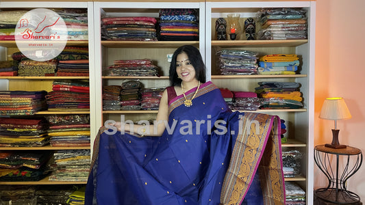 Berry Blue and Magenta Pure Kanchi Cotton Saree with Thread Work Long and Short Borders