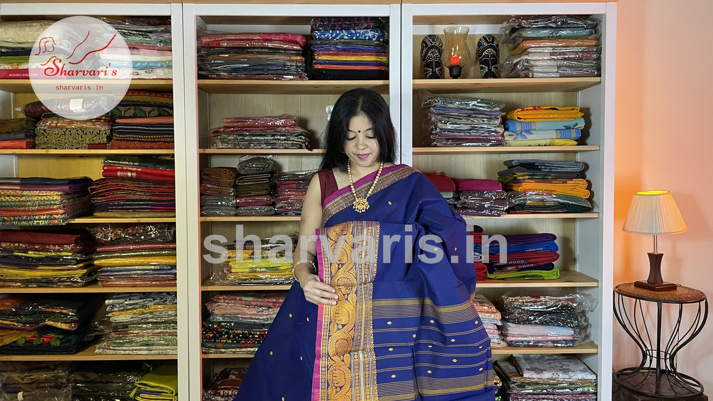 Berry Blue and Magenta Pure Kanchi Cotton Saree with Thread Work Long and Short Borders