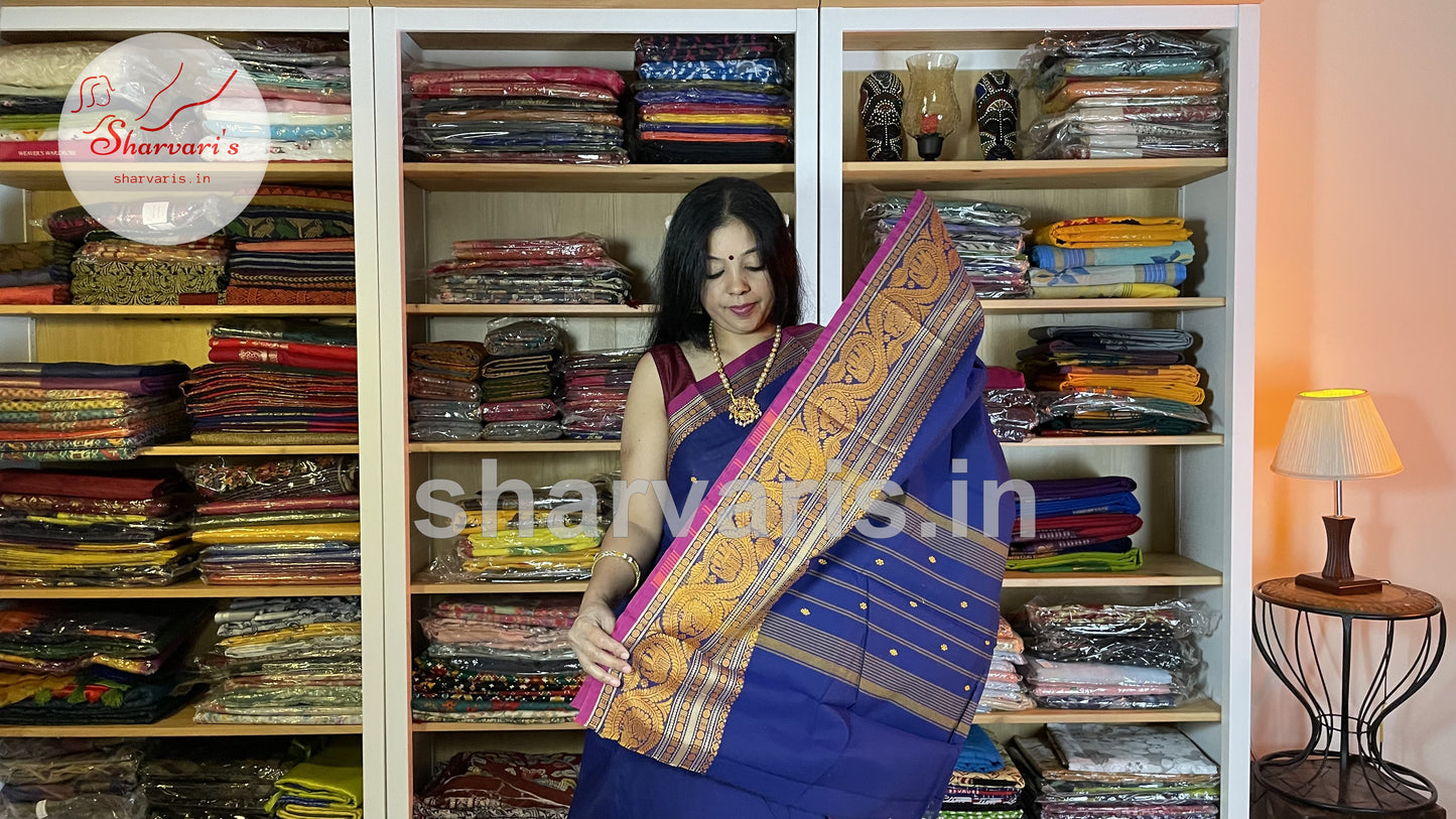 Berry Blue and Magenta Pure Kanchi Cotton Saree with Thread Work Long and Short Borders