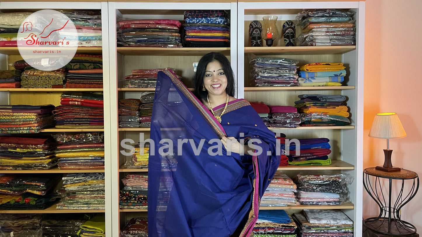 Berry Blue and Magenta Pure Kanchi Cotton Saree with Thread Work Long and Short Borders