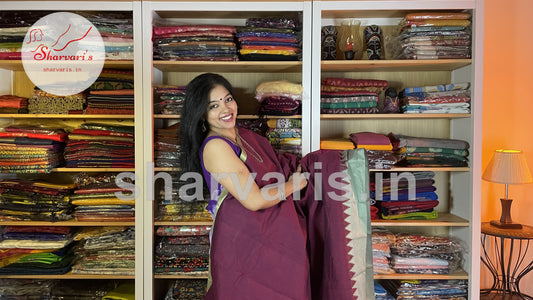 Maroon and Light Green Thazhampoo Border Kanchi Cotton Saree