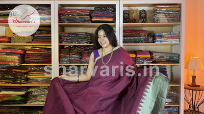 Maroon and Light Green Thazhampoo Border Kanchi Cotton Saree